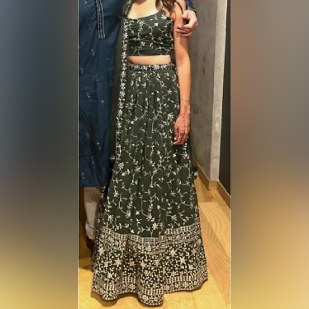 Green Georgette Lehenga Choli Dupatta Set Zari Thread Sequin Embroidery - Picture 6 of 6
